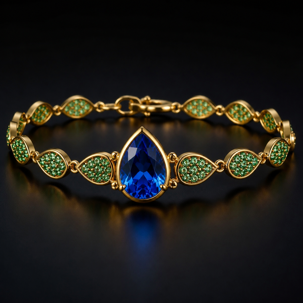 Make me a gold bracelet withe multiple water drop shape filed with small green crystals aroud a large blue crystal water drope shape stone