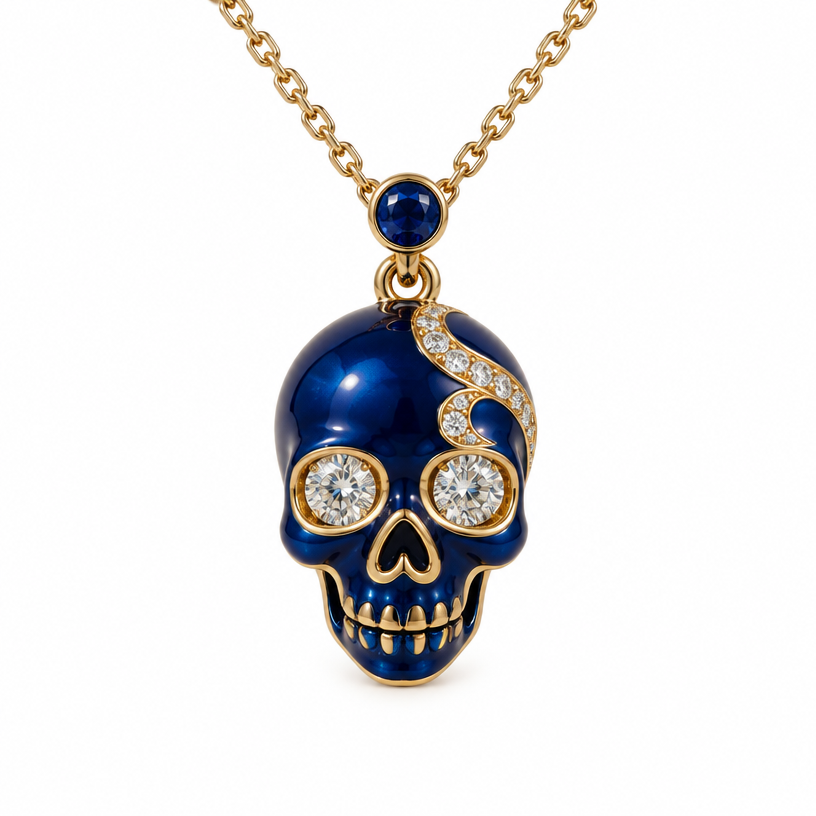 A women's pendant. skull pendant with diamond eyes . in blue
using the attached image as a visual reference, create A women's pendant. skull pendant with diamond eyes . in blue. photorealistic, just the design no text