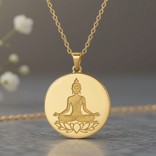 Золотой кулон в виде неровного круга в круге выгравирован силуэт женщины с длинными волосами в позе лотоса лица не видго