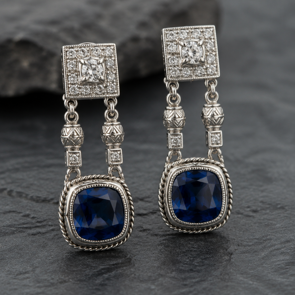 Hanging cushion shape sapphire with square diamonds earrings
photorealistic jewelry design, Hanging cushion shape sapphire with square diamonds earrings , native_american style, just the design no text