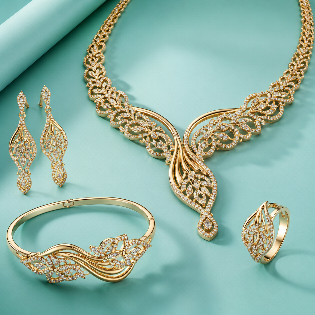 A modern women's necklace made of gold, highly ornate, intricate and elaborate, richly detailed. make earrings and braselet and ring with it in the same design and make it in Tiffany&Co beand style
photorealistic jewelry design, A modern women's necklace made of gold, highly ornate, intricate and elaborate, richly detailed. make earrings and braselet and ring with it in the same design and make it in Tiffany&Co beand style, modern style, just the design no text