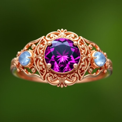 A simple, three stone 18 karat rose gold engagement ring set with a circular alexandrite. Also set with a small half moon blue chalcedony on one side right next to it, and a small half moon moonstone set on the other side right next to it. On the inside of the band, it has an inscription reading, “Tuum. Et in hac vita et in altera.”