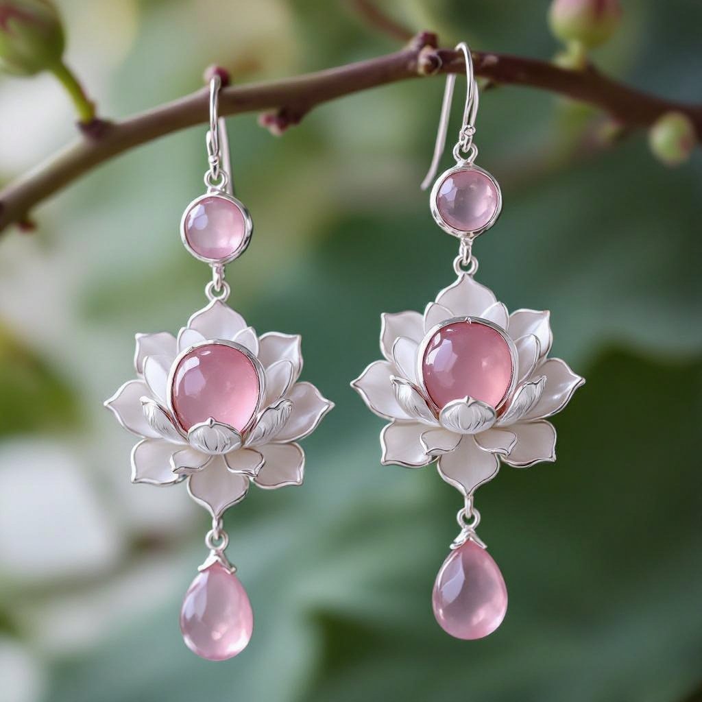 Светлое матовое золото. Серьги с лотосом на длинных цепочках. По центру лотоса неровный камень необрабаботанного розового кварца, от лотоса идет цепочка с еще одним камнем кварца на конце. Серьги тонкие и легкие