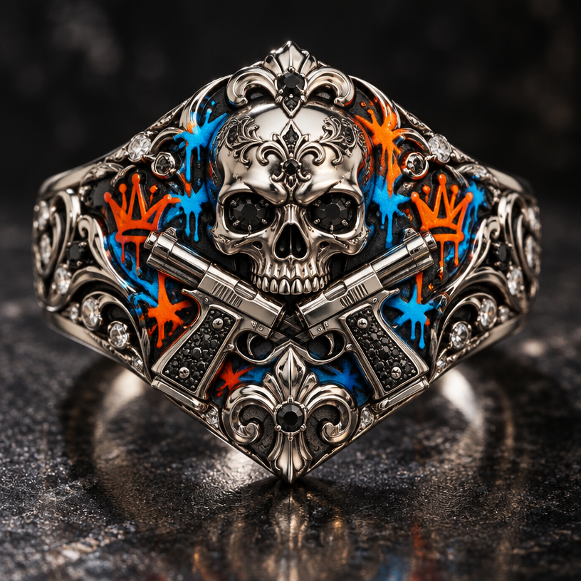 A gothic women's ring made of platinum suitable for formal. a skull with neon graffiti around the skull and pistols crossing "the family " written in old english
using the attached image as a visual reference, create A gothic women's ring made of platinum suitable for formal. a skull with neon graffiti around the skull and pistols crossing "the family " written in old english. photorealistic, just the design no text