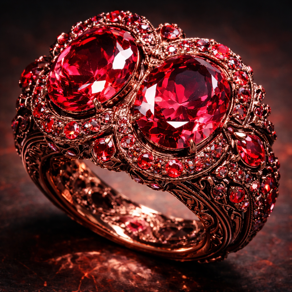 A ring with two 500 carat red oval diamonds with more red diamonds surrounding it and dark rose gold