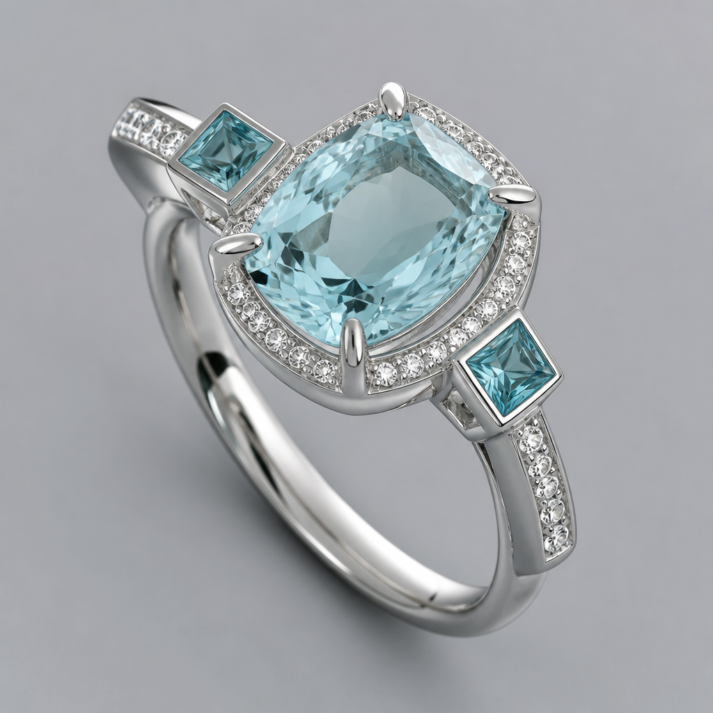 A modern women's ring made of platinum with diamond and aquamarine stones
photorealistic jewelry design, A modern women's ring made of platinum with diamond and aquamarine stones, modern style, just the design no text