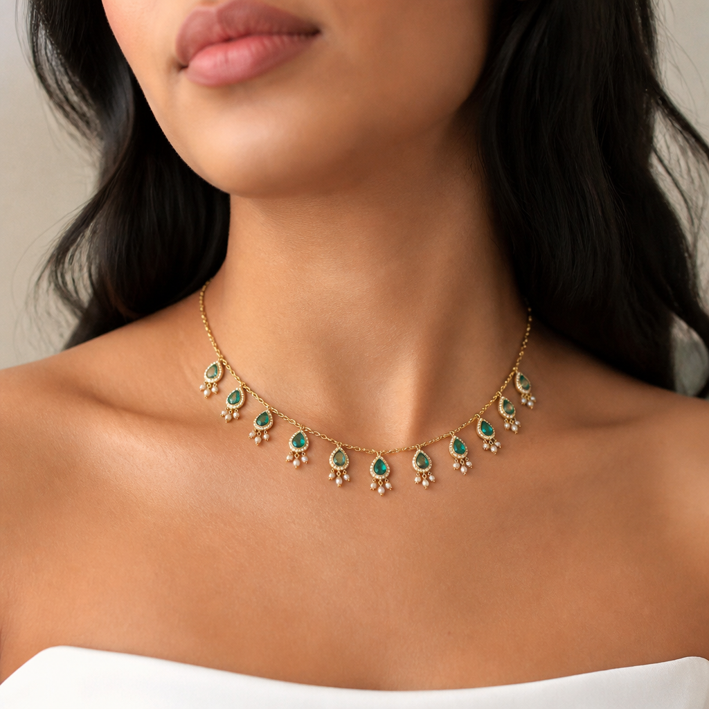 Photorealistic virtual try-on: place the jewelry from the reference design onto the neck in the user's photo. Keep the person, skin and background unchanged; realistic scale, perspective and lighting.
photorealistic jewelry design, Photorealistic virtual try-on: place the jewelry from the reference design onto the neck in the user's photo. Keep the person, skin and background unchanged; realistic scale, perspective and lighting., just the design no text
