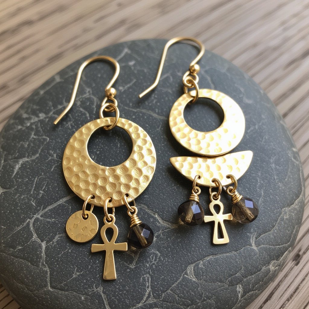 Золотые серьги словно мятое золото в форме узкого изящного полумесяца. Верхушка полумесяца крепится к застежке серьги. К нижней части полумесяца крепятся три подвески: миниатюрный золотой египетриский крест, очень маленький кристалл раухтопаза и маленький золотой кружочек с мятым эффектом плоский
