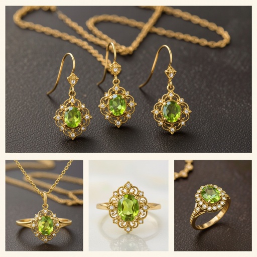 Modern peridot earring and necklace and ring  jewelry design with gold