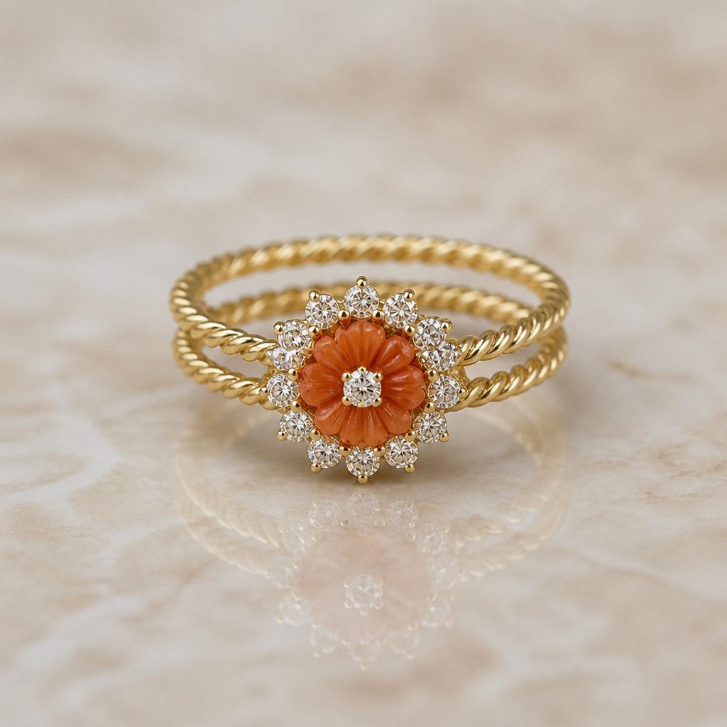 Rope like bands with burnt orange flower in the center with diamonds surrounding it
photorealistic jewelry design, Rope like bands with burnt orange flower in the center with diamonds surrounding it, nature_inspired style, just the design no text