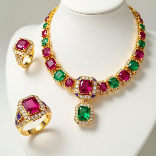 Necklace and ring and earring with luxury colorful jewel with gold