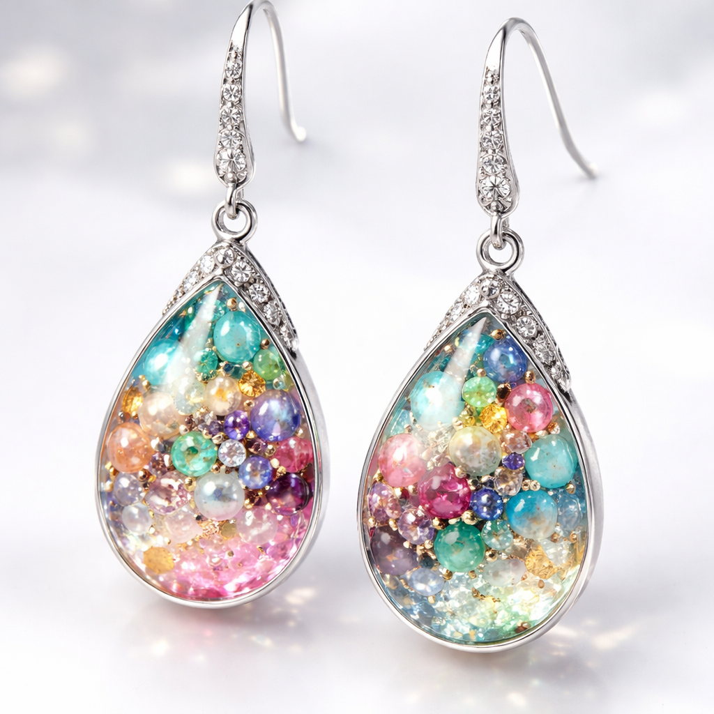 Colourful resin drop earrings in silver with embedded stones or beads