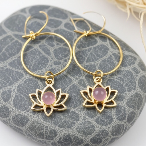 Серьги небольшие кольца,на серьгах висит в виде золотого лотоса шестью лепестками с маленьким розовым кварцем по центру