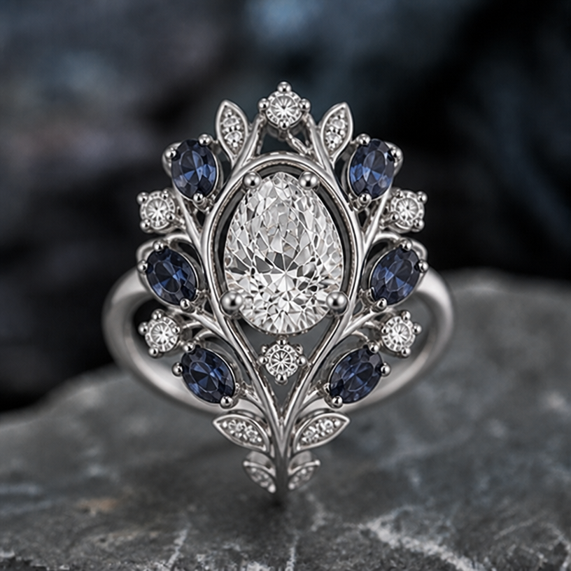 redistribute accents to both sides of the diamond
edit the attached jewelry design with these instructions: redistribute accents to both sides of the diamond. keep it photorealistic, just the design no text
