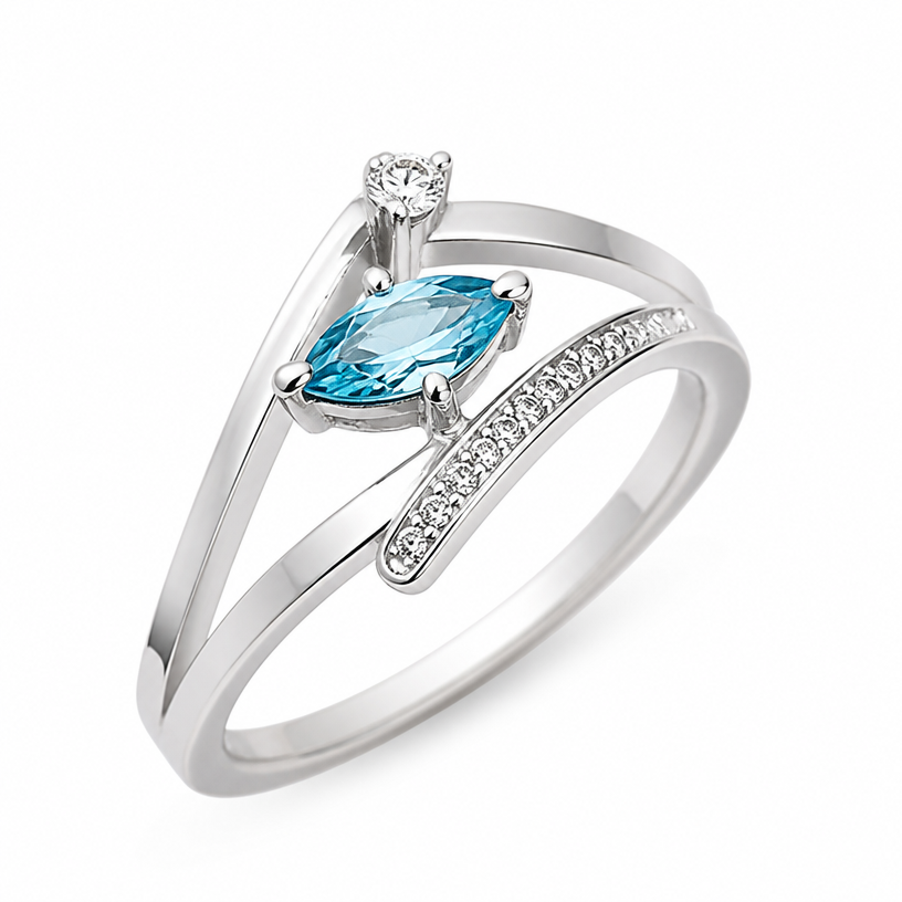 A modern women's ring made of white gold with topaz and diamond stones suitable for anniversary. artistic, modern, structured
using the attached image as a visual reference, create A modern women's ring made of white gold with topaz and diamond stones suitable for anniversary. artistic, modern, structured. photorealistic, just the design no text