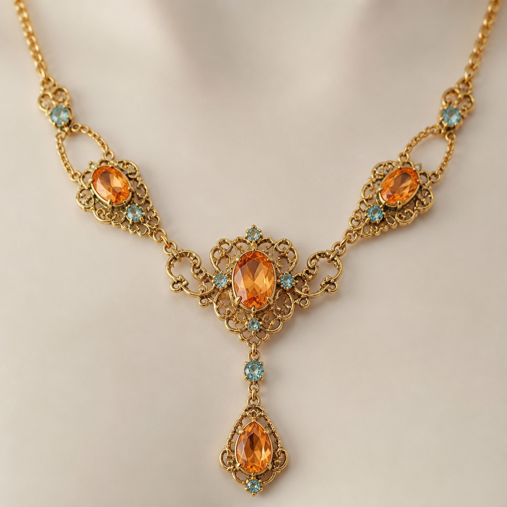 A vintage women's necklace made of gold with topaz and aquamarine stones suitable for daily wear, highly ornate, intricate and elaborate, richly detailed. delicado y sencillo y que el topacio sea naranja
photorealistic jewelry design, A vintage women's necklace made of gold with topaz and aquamarine stones suitable for daily wear, highly ornate, intricate and elaborate, richly detailed. delicado y sencillo y que el topacio sea naranja, vintage style, just the design no text