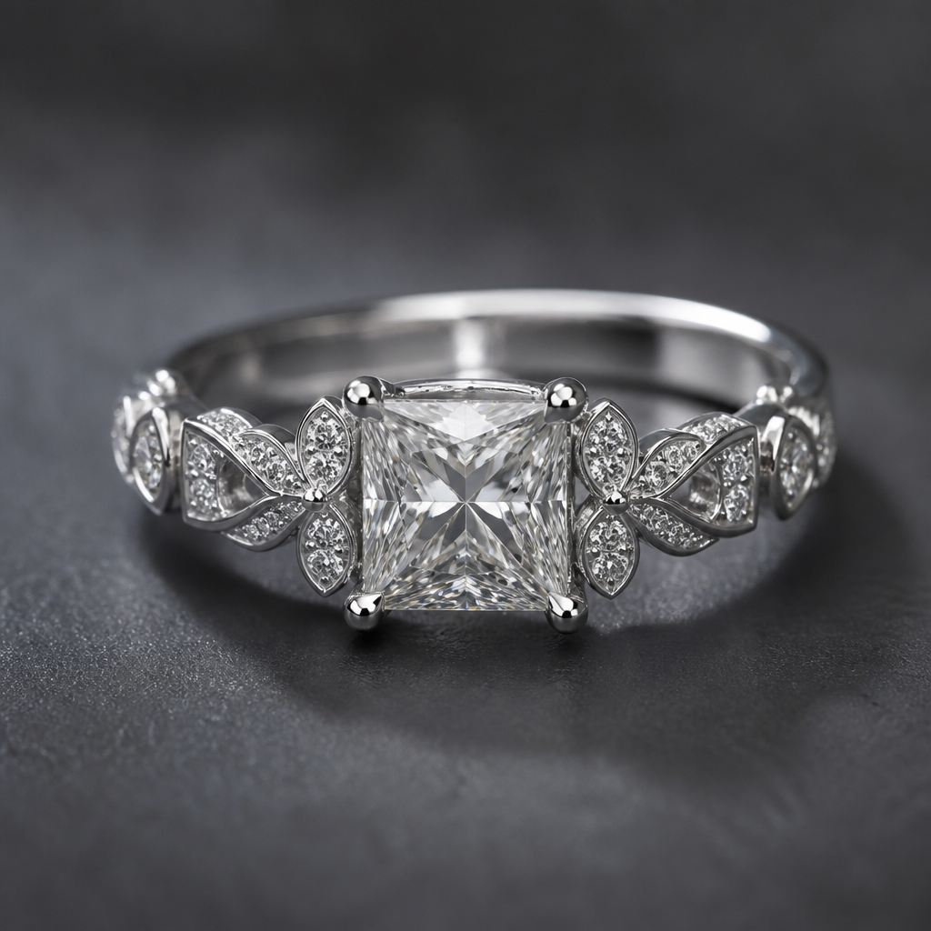 A women's ring. square diamond with diamond flowers engraved with the letter m
photorealistic jewelry design, A women's ring. square diamond with diamond flowers engraved with the letter m, modern style, just the design no text