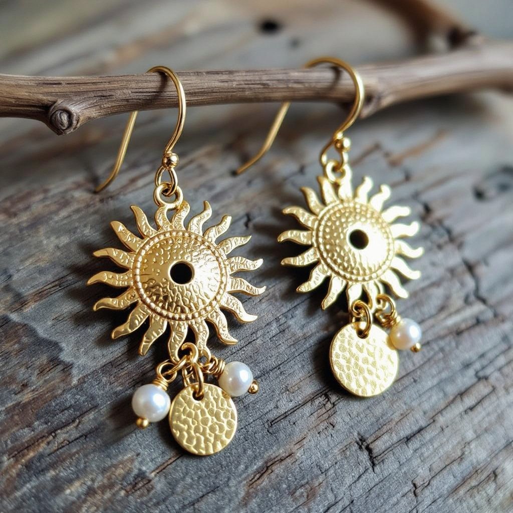 Золотые серьги словно мятое золото в форме солнца с волнистыми лучами, в центре солнца круглая дыра. крепится к застежке серьги. К нижней части солнца крепятся подвески: миниатюрная серебристая луна, очень маленький жемчуг и маленький золотой кружочек с мятым эффектом плоский
