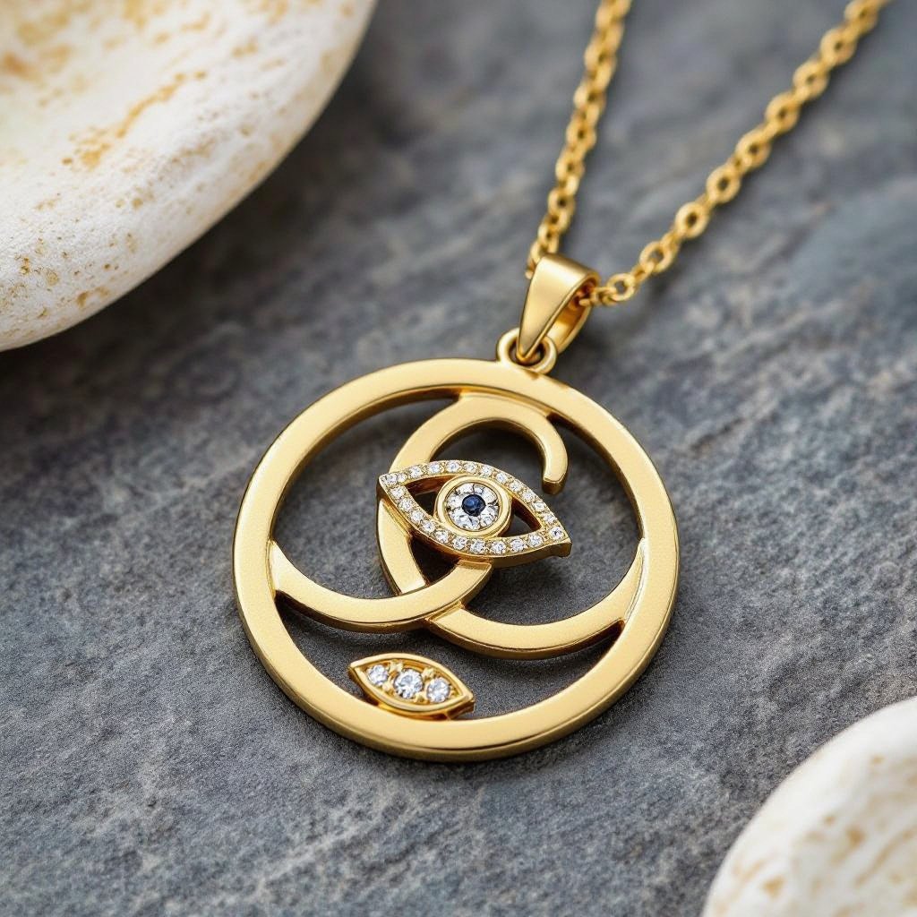 Подвеска из матового золота с узорами и мелкими камнями в форме двух пересекающихся окружностей и глаза между ними