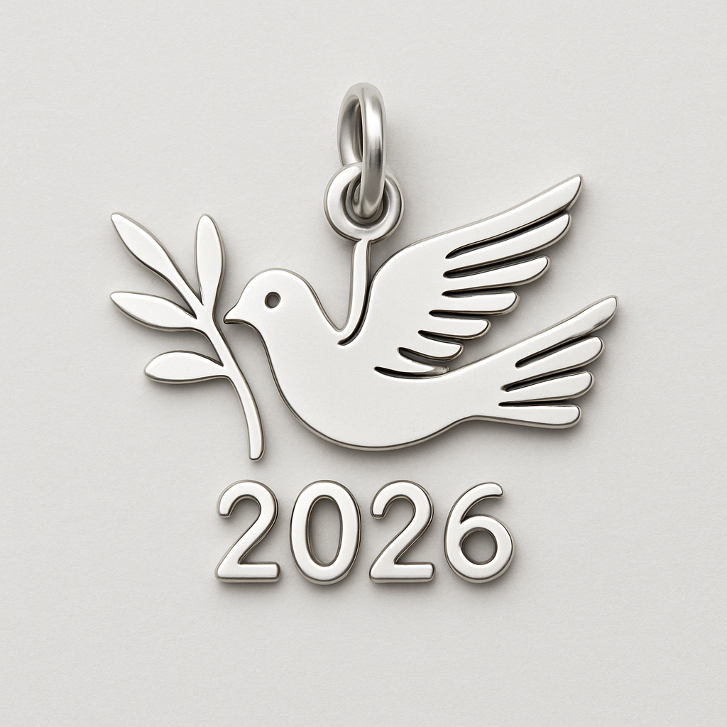 Silver cut-out charm blending together two spread out wings of a bird, an olive branch and  along year 2026