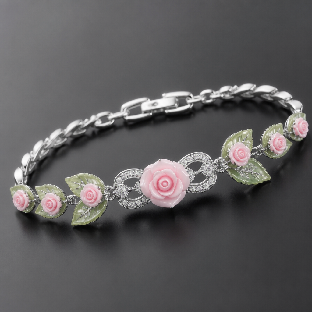 A modern women's bracelet made of silver. It is a jeweled green leaves and each leaf has a light pink rose and the leaf is light green or by the name of Baby Green three leaves are the direction of the body and three leaves towards the hand in front of each leaf according to sequence two roses three in the middle there is a large rose and all this design is between it and the large rose i.e.
photorealistic jewelry design, A modern women's bracelet made of silver. It is a jeweled green leaves and each leaf has a light pink rose and the leaf is light green or by the name of Baby Green three leaves are the direction of the body and three leaves towards the hand in front of each leaf according to sequence two roses three in the middle there is a large rose and all this design is between it and the large rose i.e., modern style, just the design no text