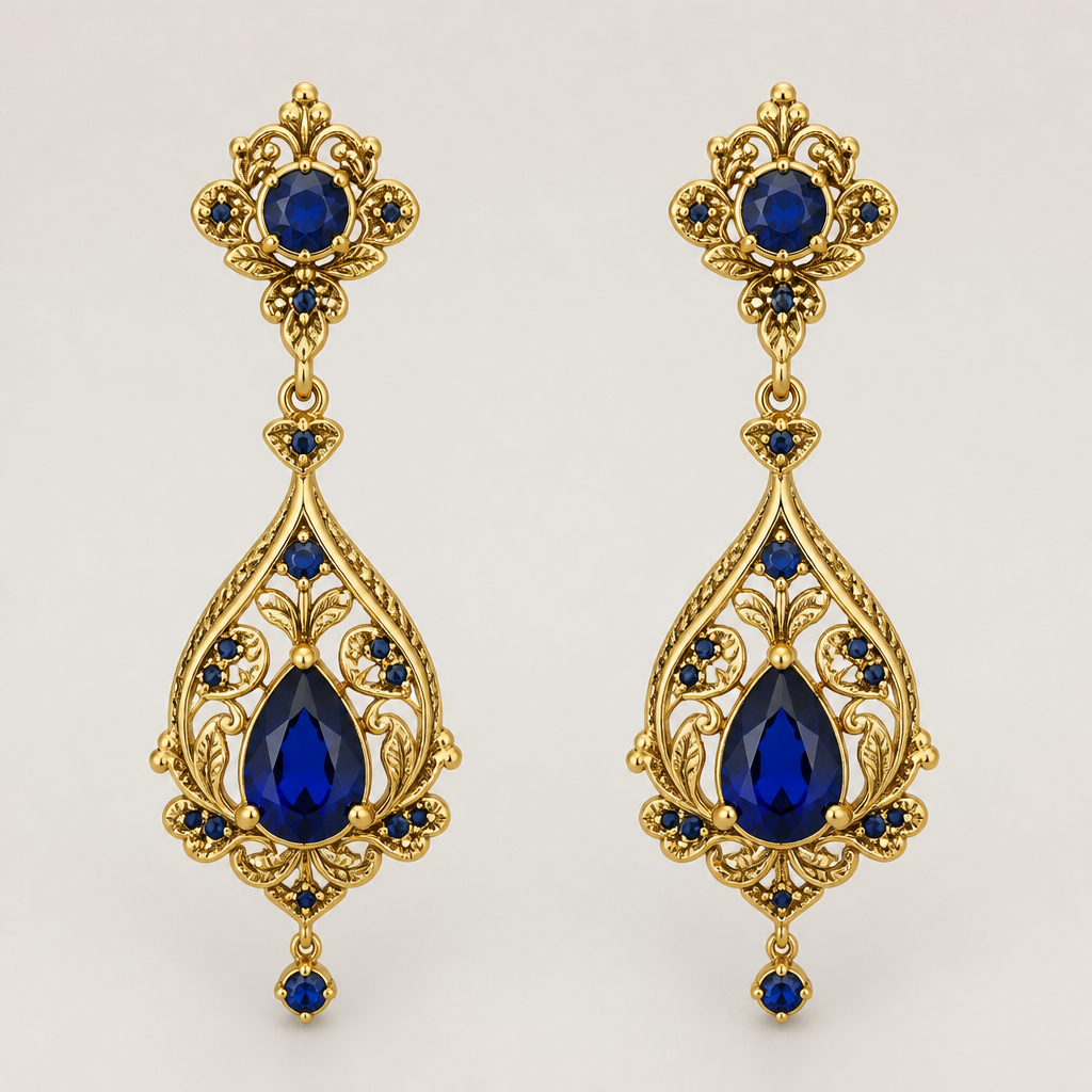 A gold women's earrings made of gold with sapphire stones, highly ornate, intricate and elaborate, richly detailed. delicados, sencillos
photorealistic jewelry design, A gold women's earrings made of gold with sapphire stones, highly ornate, intricate and elaborate, richly detailed. delicados, sencillos, gold style, just the design no text