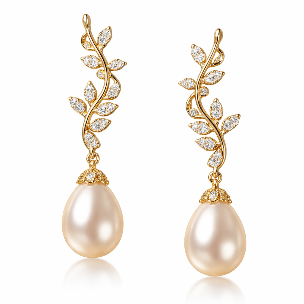 Small Gold pearl drop earrings with an olive branch and vine design and small white diamonds