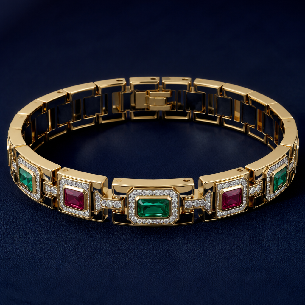 A modern men's bracelet made of gold with diamond and emerald and ruby stones suitable for anniversary. dark blue
photorealistic jewelry design, A modern men's bracelet made of gold with diamond and emerald and ruby stones suitable for anniversary. dark blue, modern style, just the design no text