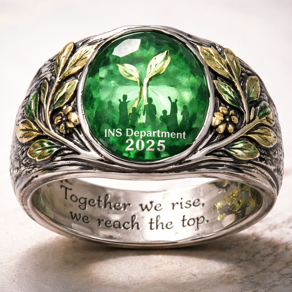 Create me a hand made customized ring made by a silver smith that’s for a teenage students who have won a department competition for team projects .There should be a green gem or jade with sprouts leafs like the school logo , engraved inside should be a quote from a humanitarian about striving to the top and strength in groupwork and at the back of the green should be the students, INS Department 2025.