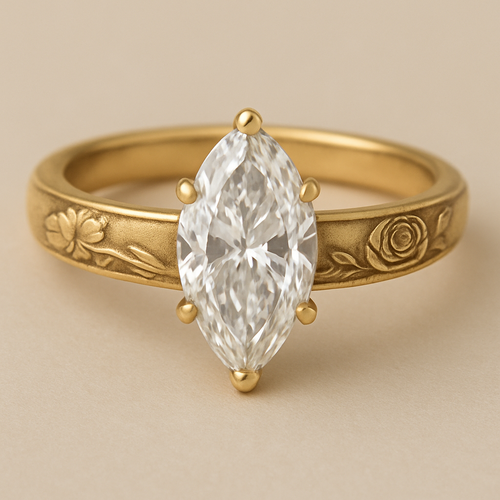 2ct marquise engagement ring with gold vintage band that has the same width around. on one side of the band is a single subtle carnation with the stem extending across the band. and the other side of the band has a single subtle rose with the stem extending 