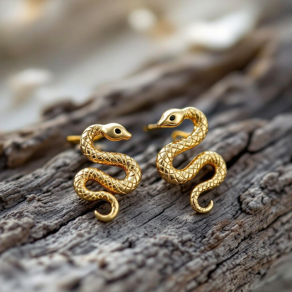 Небольшие золотые матовые серьги в виде символической змеи