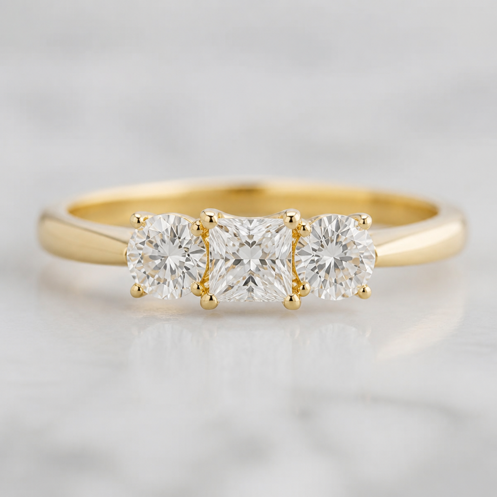 Two round and one princess cut diamonds in a ring
photorealistic jewelry design, Two round and one princess cut diamonds in a ring, scandinavian style, just the design no text