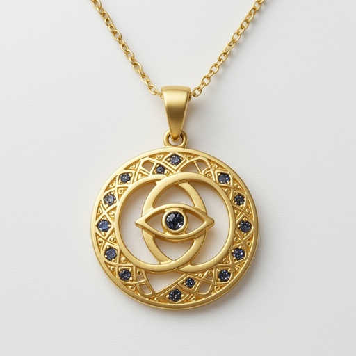 Подвеска из матового золота с узорами и мелкими необработанными матовыми камнями в форме двух пересекающихся окружностей и глаза между ними