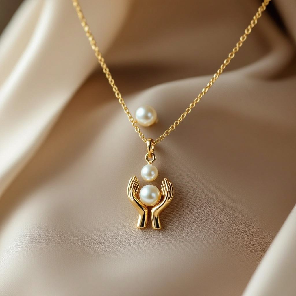 Украшение на шею золотая цепочка с подвеской в виде двух ладоней которые держат жемчужину по центру