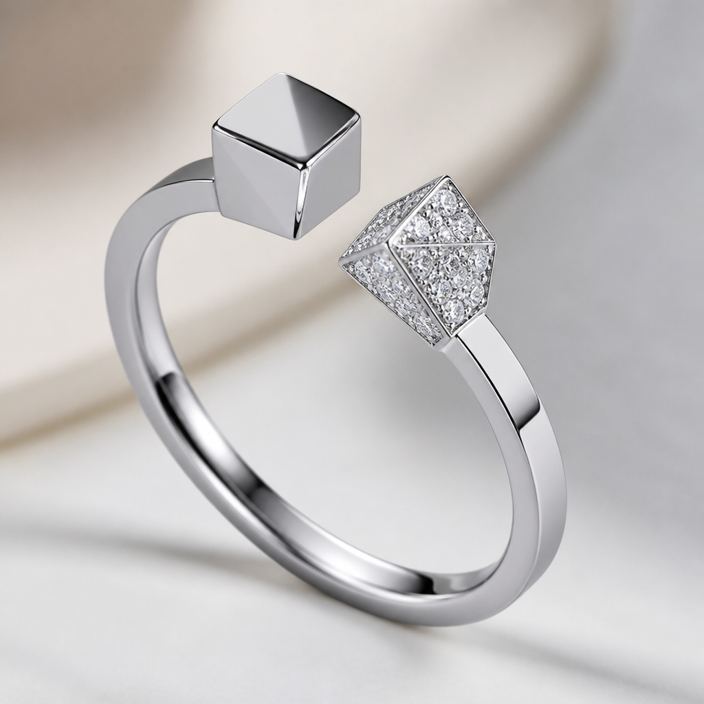 A geometric women's ring made of silver with diamond stones suitable for gift. double cube shape ring with one side diamond and one side cube shape
photorealistic jewelry design, A geometric women's ring made of silver with diamond stones suitable for gift. double cube shape ring with one side diamond and one side cube shape, geometric style, just the design no text