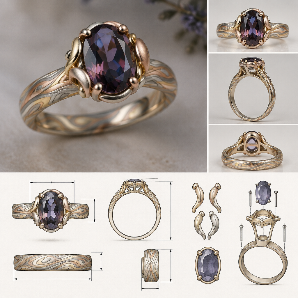 A contemporary women's ring made of silver. i would like a ring with a deep dark mauve with blueish reflection oval spinel mounted something feminin and also a bit rustic simplistic and durable also elegant the shank would be 3 colors silver gold and rose gold in a mokume gane style
i would like to see a photo reealistic rendering of the piece and also a sketch with detailed measurment and assembling plan
photorealistic jewelry design, A contemporary women's ring made of silver. i would like a ring with a deep dark mauve with blueish reflection oval spinel mounted something feminin and also a bit rustic simplistic and durable also elegant the shank would be 3 colors silver gold and rose gold in a mokume gane style
i would like to see a photo reealistic rendering of the piece and also a sketch with detailed measurment and assembling plan, contemporary style, just the design no text