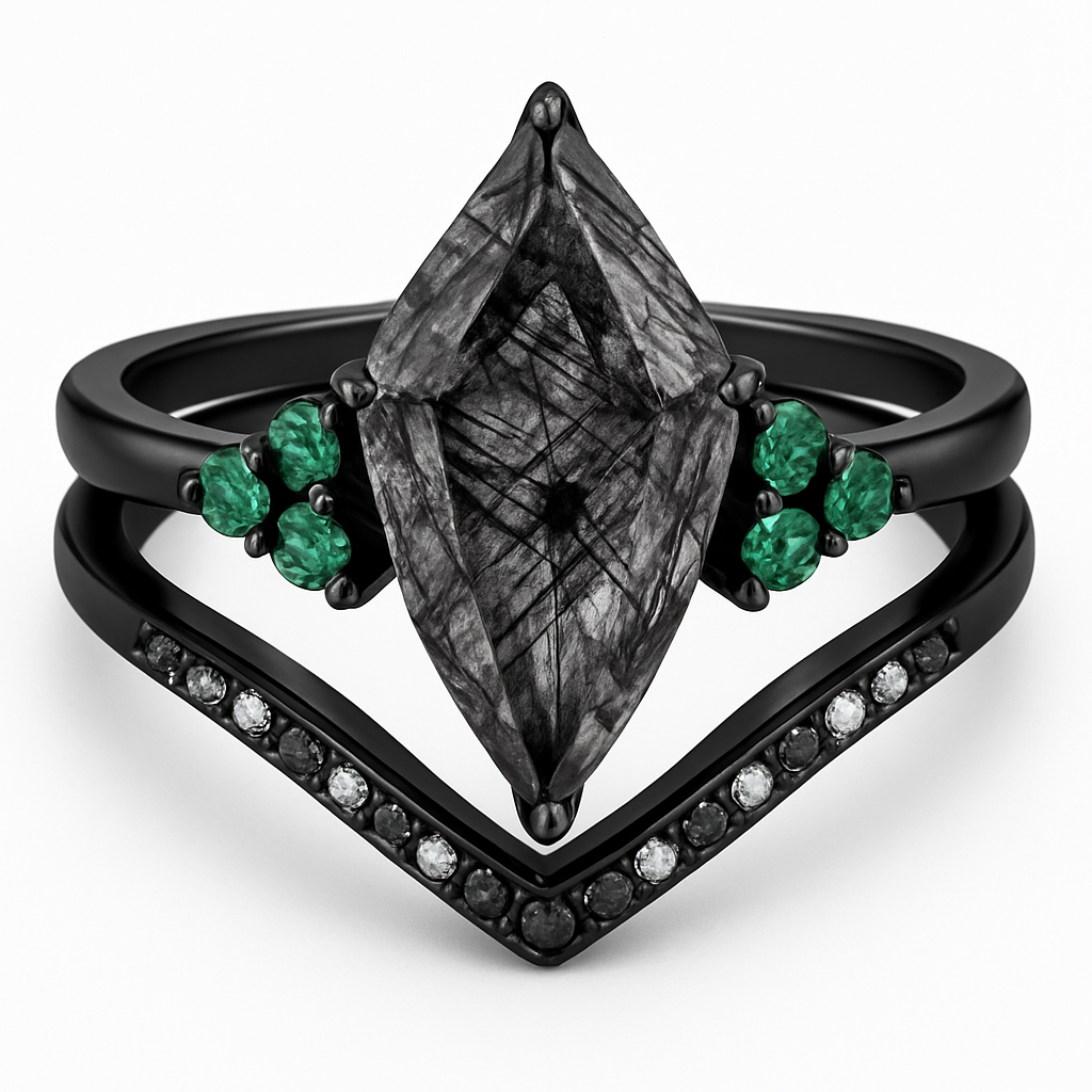 Black band, long kite cut rutilated black quartz, emerald accent stones 3 on each side in a cluster, add a wedding band that curves around the top of the main stone with black and white stones