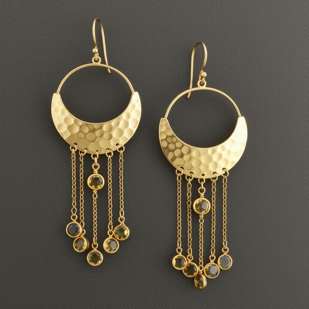 Золотые серьги словно мятое золото в форме узкого изящного полумесяца. Верхушка полумесяца крепится к застежке серьги.  От полумесяца идет три цепочки, у каждой на конце мелкий камушек цитрин