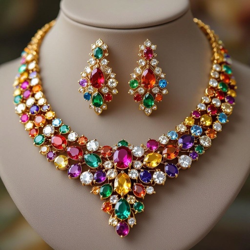 Necklace and ring and earring with luxury colorful jewel with gold