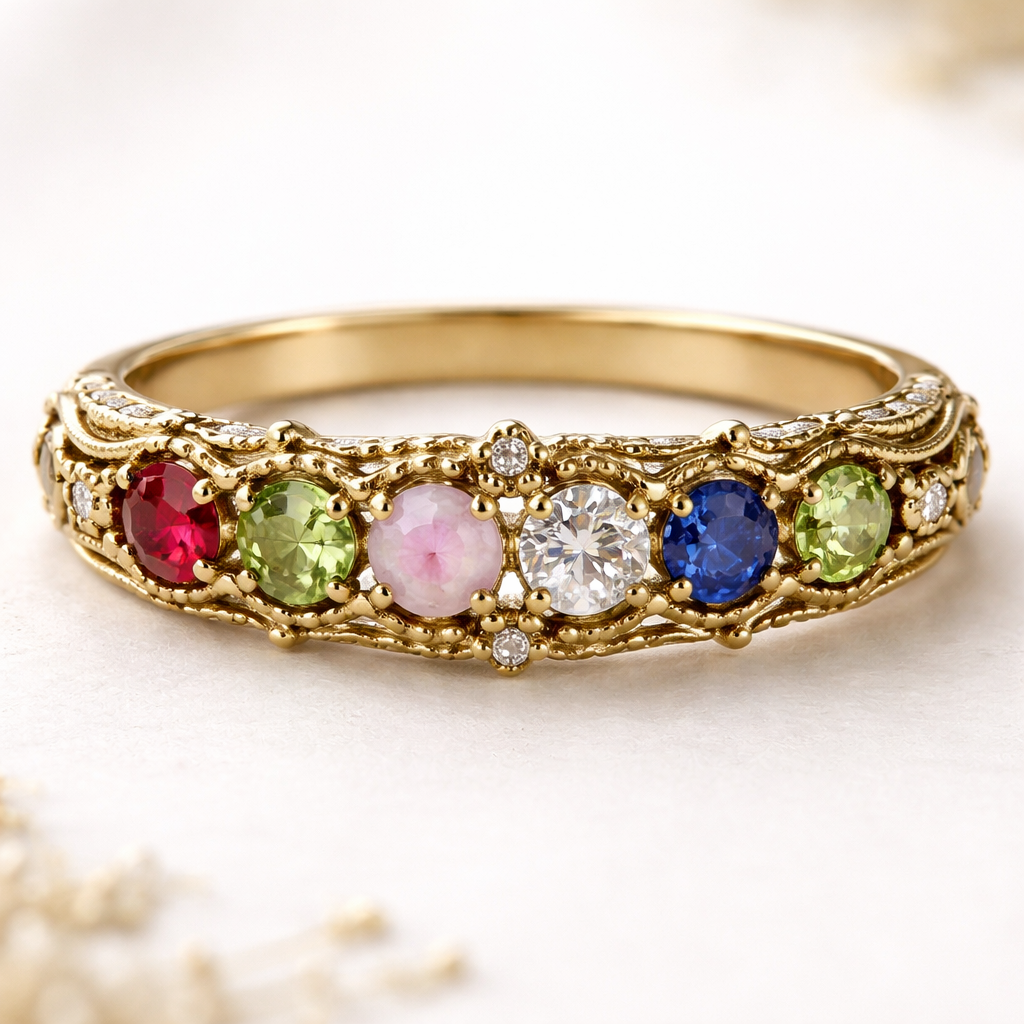 Mothers ring with six birth stones
January August October April September August
Gold band
