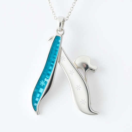 Silver pendant in the shape of ice skating blades with a turquoise stripe within the blade