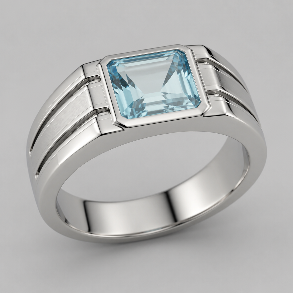 A modern men's ring made of white gold with aquamarine stones suitable for daily wear. quiero un anillo con un diseño moderno alrededor y con una gema aguamarina en el centro
photorealistic jewelry design, A modern men's ring made of white gold with aquamarine stones suitable for daily wear. quiero un anillo con un diseño moderno alrededor y con una gema aguamarina en el centro, modern style, just the design no text