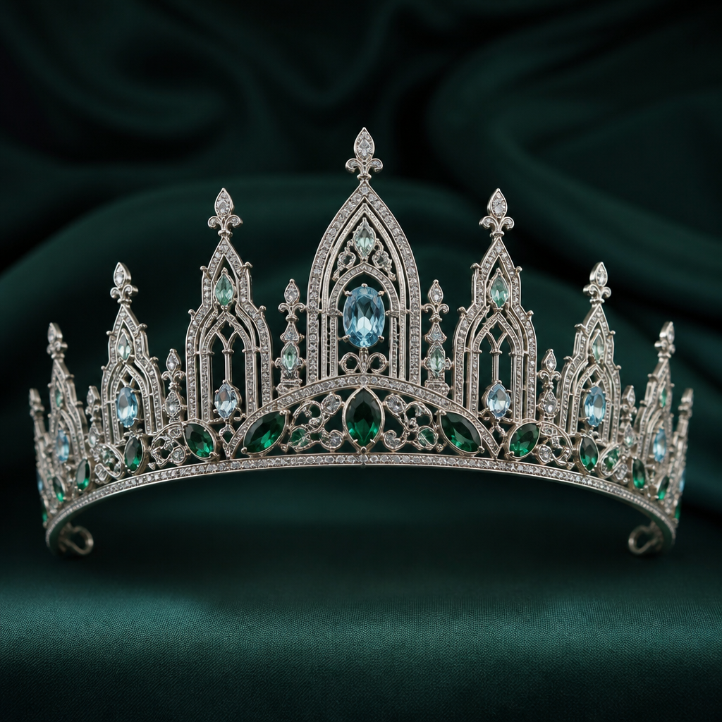 A cathedral women's tiara made of white gold with aquamarine and emerald stones suitable for daily wear, highly ornate, intricate and elaborate, richly detailed. delicado y sencillo
photorealistic jewelry design, A cathedral women's tiara made of white gold with aquamarine and emerald stones suitable for daily wear, highly ornate, intricate and elaborate, richly detailed. delicado y sencillo, cathedral style, just the design no text