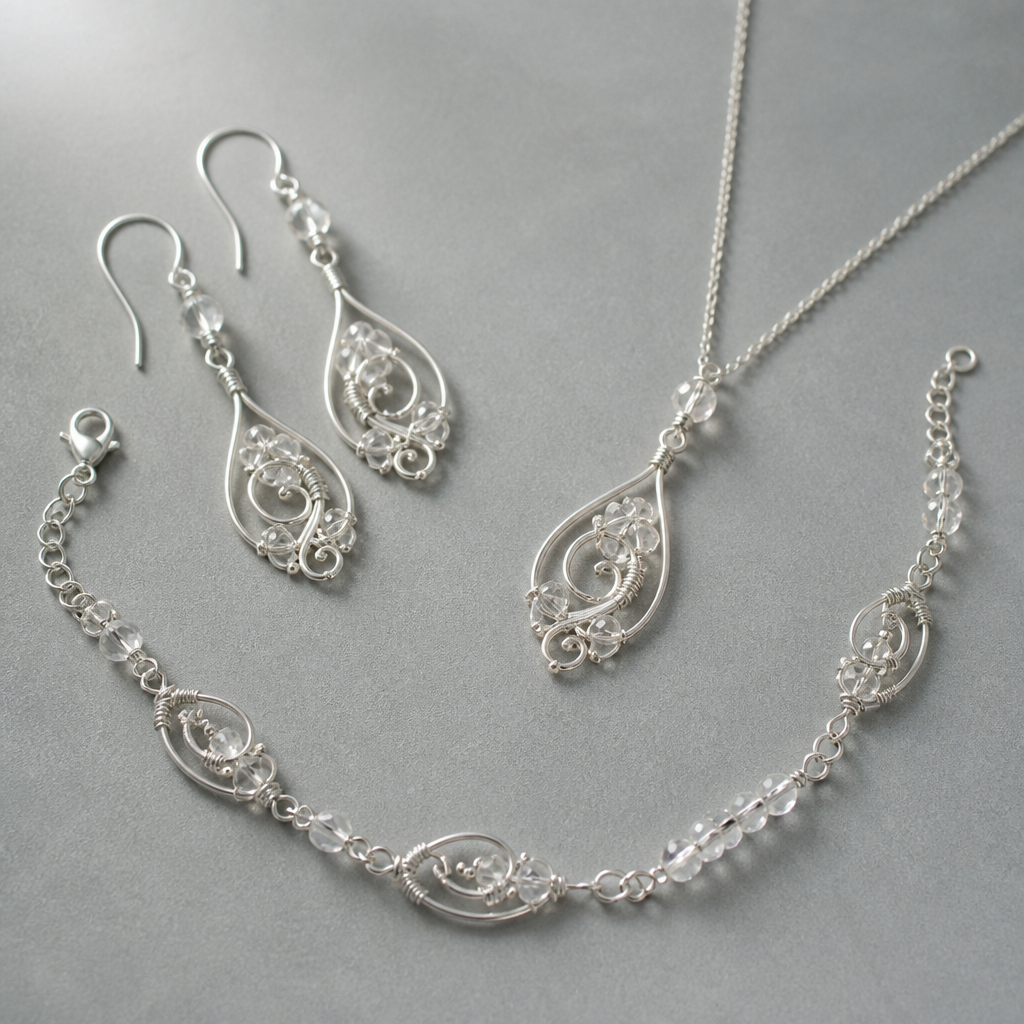 A filigree women's earrings made of silver suitable for daily wear, minimalist, simple and delicate, clean lines. made from wire, seed beads and crystal beads a set of earrings with matching bracelet and necklace
photorealistic jewelry design, A filigree women's earrings made of silver suitable for daily wear, minimalist, simple and delicate, clean lines. made from wire, seed beads and crystal beads a set of earrings with matching bracelet and necklace, filigree style, just the design no text
