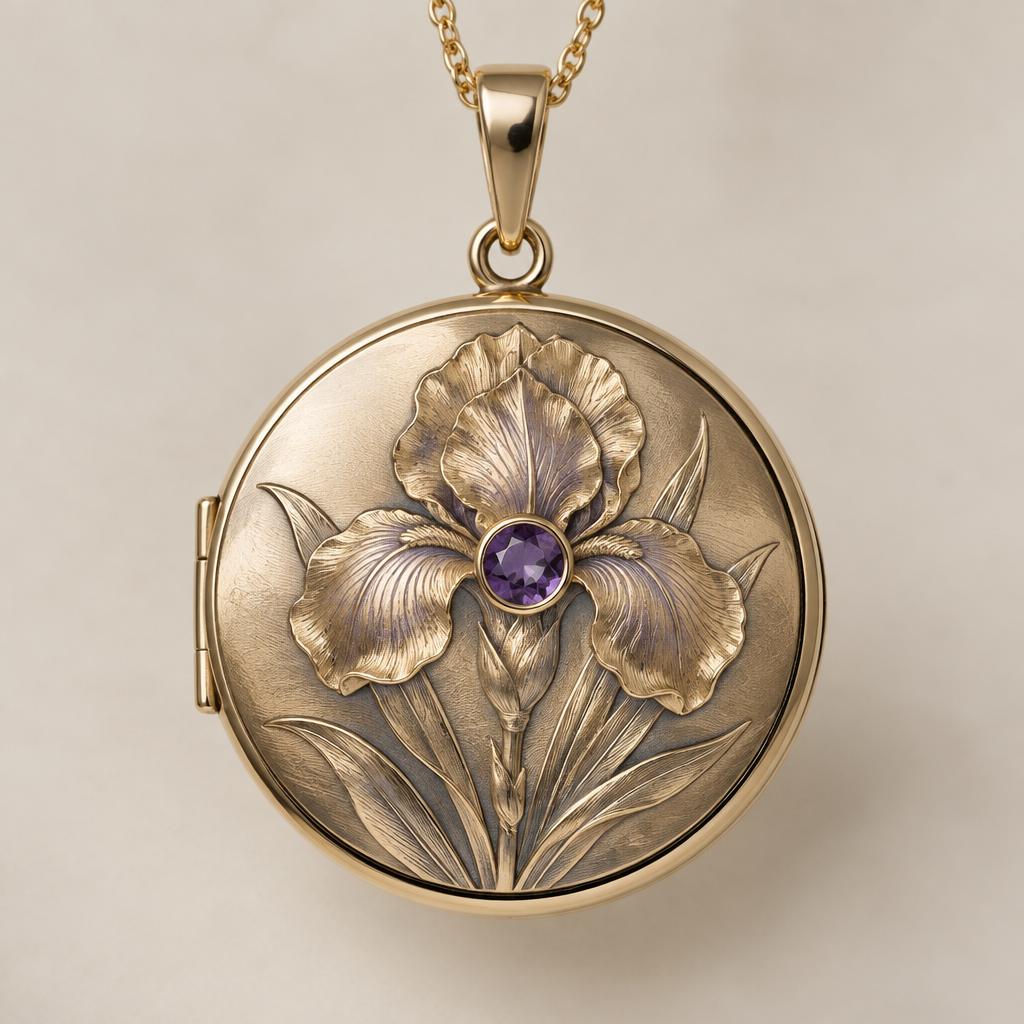 Locket is round shaped with an amethyst stone on top of an engraved Iris Flower
photorealistic jewelry design, Locket is round shaped with an amethyst stone on top of an engraved Iris Flower, just the design no text
