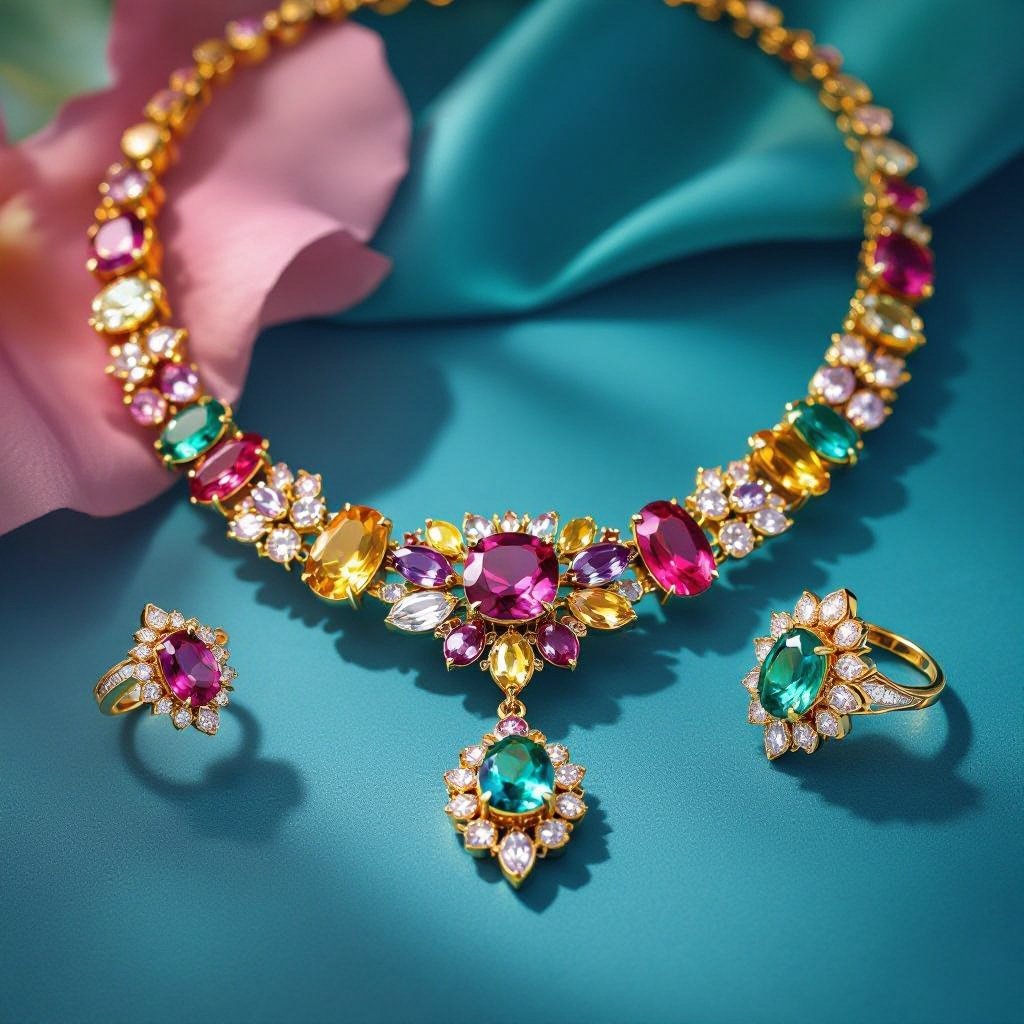 Necklace and ring and earring with luxury colorful jewel with gold