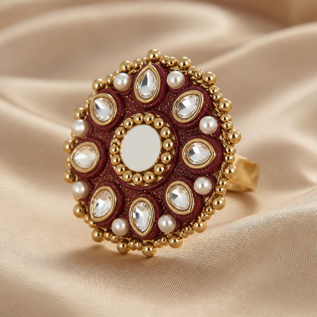 A women's ring. Krishna jewellery set making kit glitter sheet,glue, Kundan,lace, gold ball chain, woolen thread, round beads, craft mirror
photorealistic jewelry design, A women's ring. Krishna jewellery set making kit glitter sheet,glue, Kundan,lace, gold ball chain, woolen thread, round beads, craft mirror, modern style, just the design no text