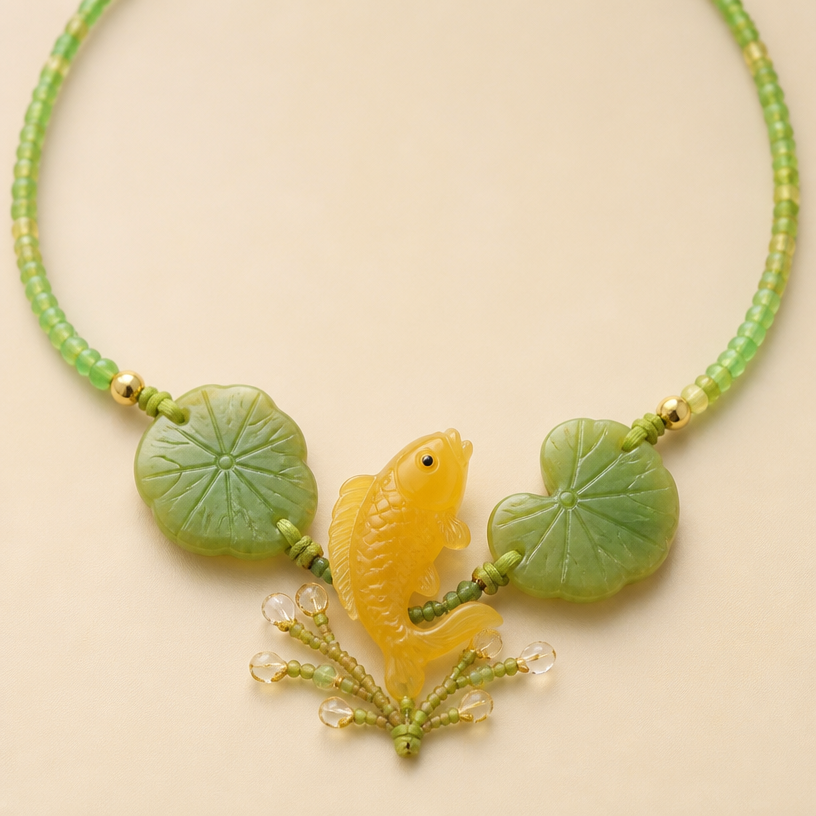 A asian-inspired women's necklace suitable for daily wear. yellow carp jumping up from a Lily pond. 2 jade Lily leaves frame the yellow jade fish. strands are made of glass seed beads.
using the attached image as a visual reference, create A asian-inspired women's necklace suitable for daily wear. yellow carp jumping up from a Lily pond. 2 jade Lily leaves frame the yellow jade fish. strands are made of glass seed beads.. photorealistic, just the design no text