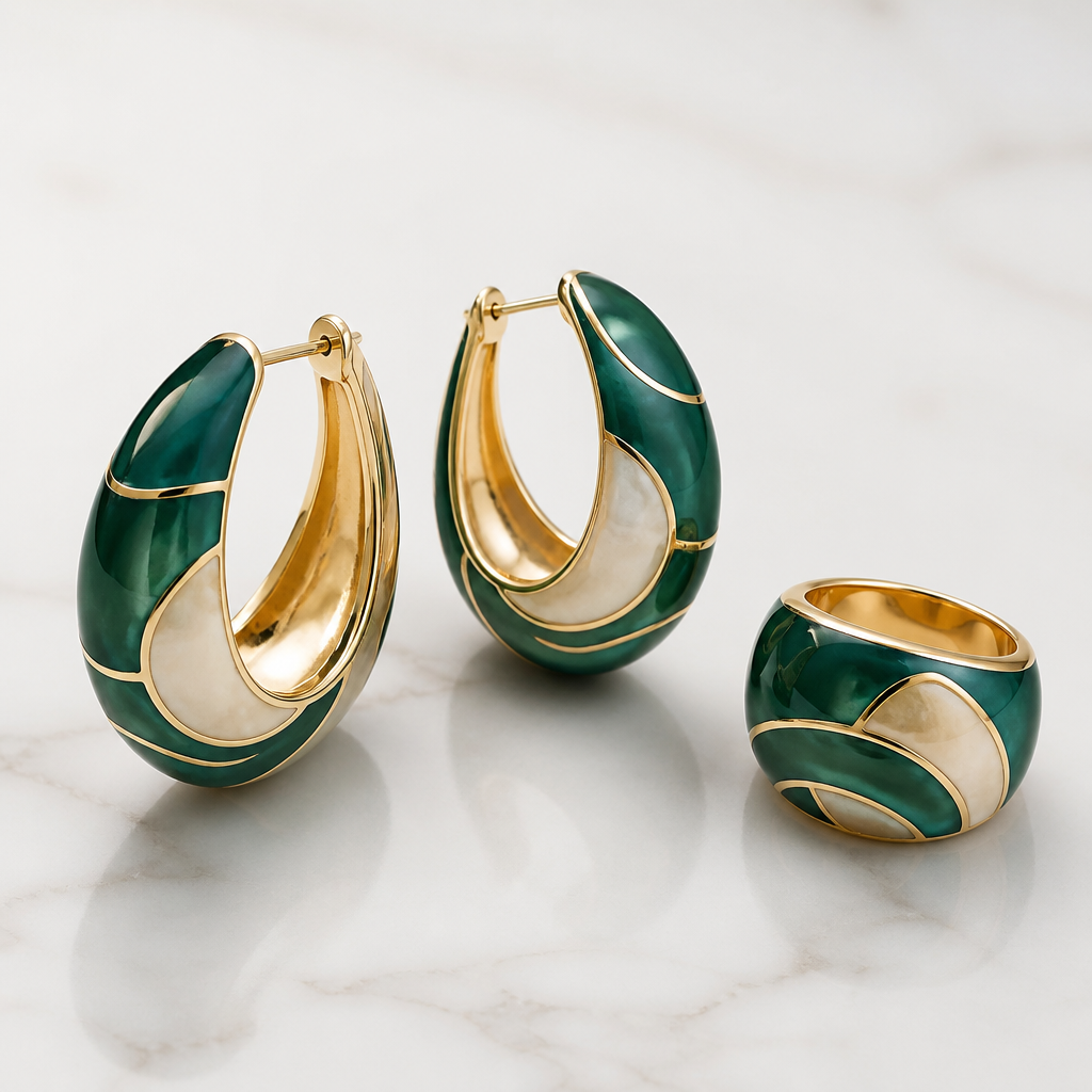 2 big bangle earing and ring
photorealistic jewelry design,
2 big bangle earing and ring , enamel style, just the design no text