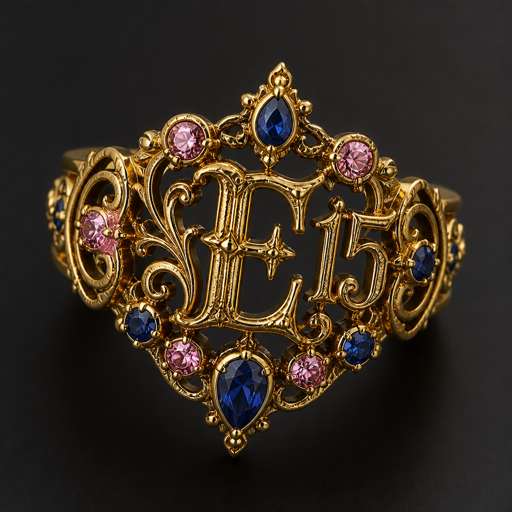 A gothic women's ring made of gold, highly ornate, intricate and elaborate, richly detailed. um anel de 15 anos com inicial E com pedrinhas azul e pedrinhas rosa em volta
photorealistic jewelry design, A gothic women's ring made of gold, highly ornate, intricate and elaborate, richly detailed. um anel de 15 anos com inicial E com pedrinhas azul e pedrinhas rosa em volta, gothic style, just the design no text